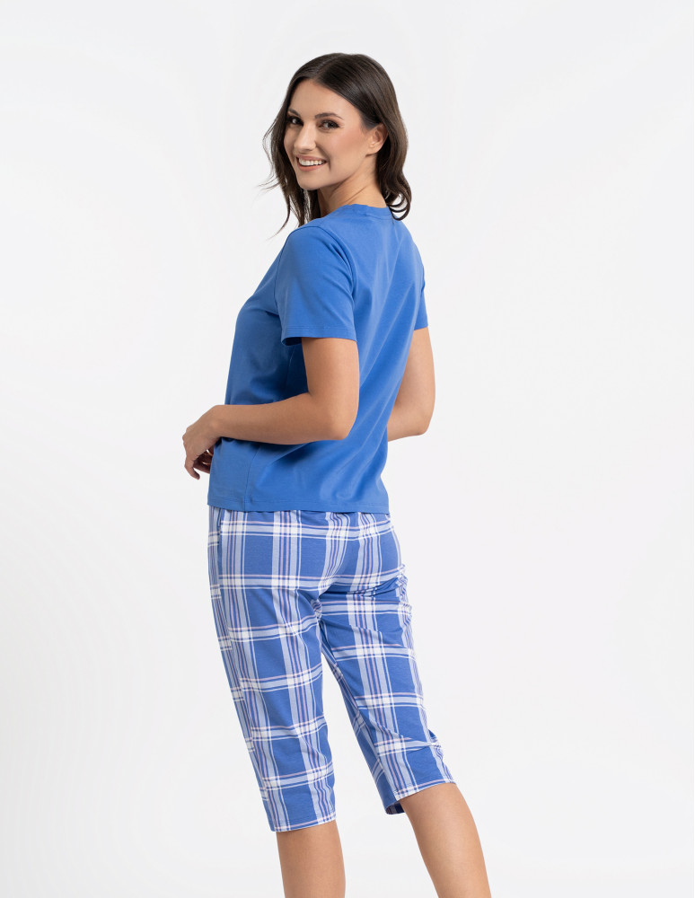 Piżamy z krótkim rękawem - Piżama damska bawełniana z krótkim rękawem i spodniami 3/4 kratka GRANATOWY  - produkt moraj.pl 5