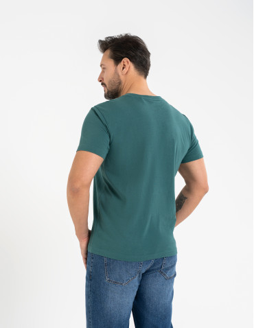 Koszulki z krótkim rękawem - T-shirt męski bawełniany regularny krój z gumową naszywką CIEMNY ZIELONY - produkt 7