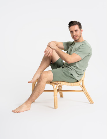 Piżamy z krótkim rękawem - Męska piżama bawełniana z krótkim rękawem gładka ZIELONY - produkt 6