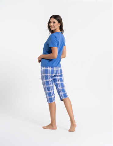 Piżamy z krótkim rękawem - Piżama damska bawełniana z krótkim rękawem i spodniami 3/4 kratka GRANATOWY - produkt 8