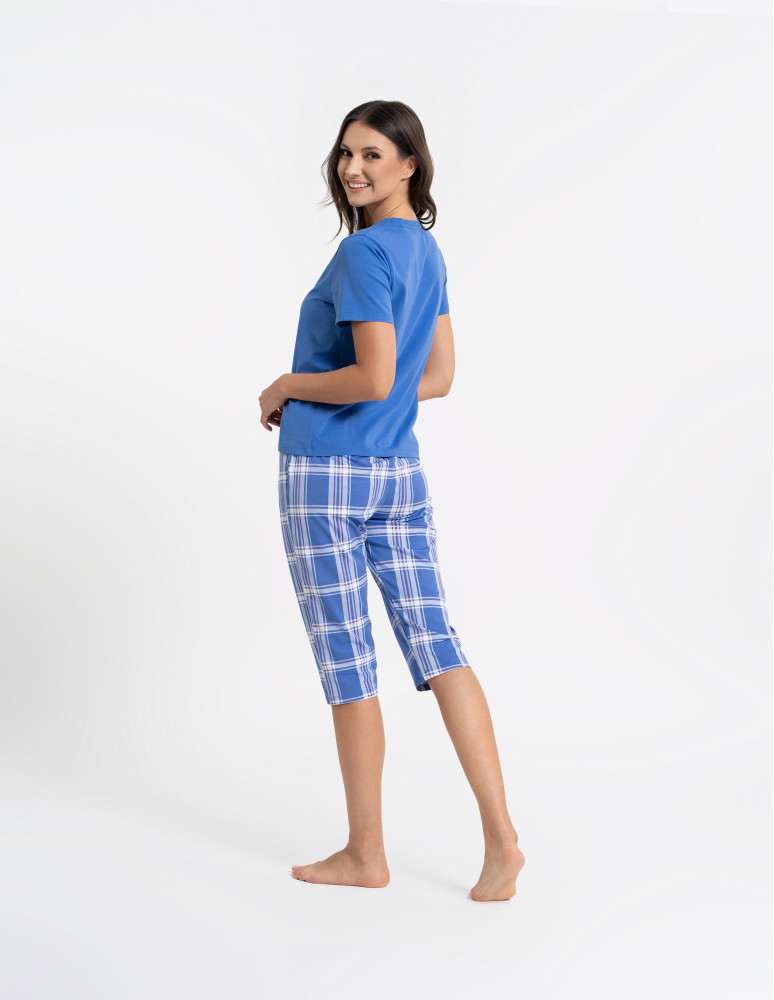 Piżamy z krótkim rękawem - Piżama damska bawełniana z krótkim rękawem i spodniami 3/4 kratka GRANATOWY  - produkt moraj.pl 8