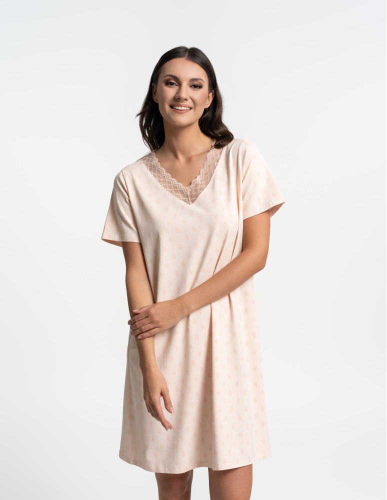 Koszule nocne z krótkim rękawem - Koszula nocna damska z krótkim rękawem w drobny wzór WZÓR 1 - produkt moraj.pl 1