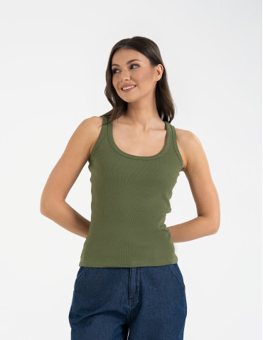 Topy na ramiączkach - Damska koszulka tank top w prążek bawełniana KHAKI - produkt 5