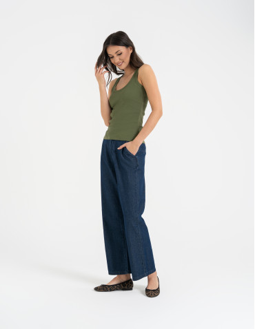 Topy na ramiączkach - Damska koszulka tank top w prążek bawełniana KHAKI - produkt 9