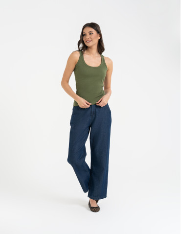 Topy na ramiączkach - Damska koszulka tank top w prążek bawełniana KHAKI - produkt 10