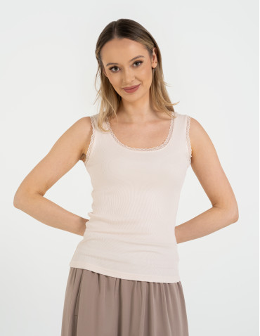 Topy na ramiączkach - Top damski bez rękawów z koronkowym wykończeniem KREMOWY - produkt 1