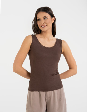 Topy na ramiączkach - Top damski bez rękawów z koronkowym wykończeniem BRĄZOWY - produkt 1