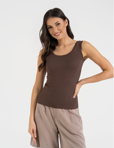 Topy na ramiączkach - Top damski bez rękawów z koronkowym wykończeniem BRĄZOWY - produkt 7