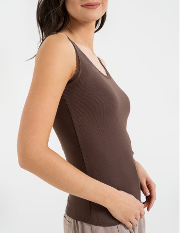 Topy na ramiączkach - Top damski bez rękawów z koronkowym wykończeniem BRĄZOWY - produkt 9
