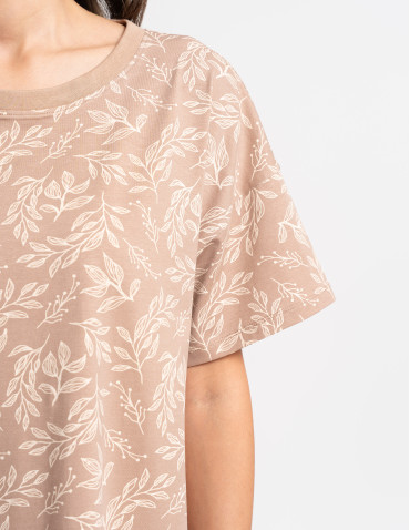 Koszula nocna damska z motywem roślinnym i krótkim rękawem - BEŻOWY  - produkt 2