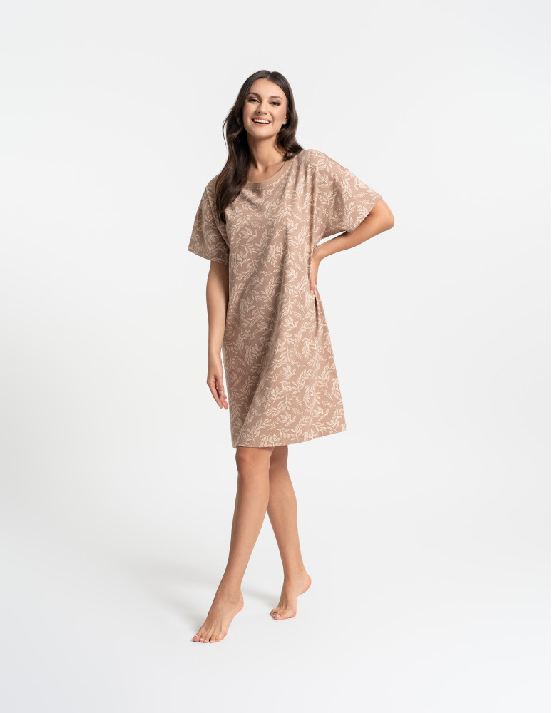 Koszule nocne z krótkim rękawem - Koszula nocna damska z motywem roślinnym i krótkim rękawem BEŻOWY  - produkt moraj.pl 4