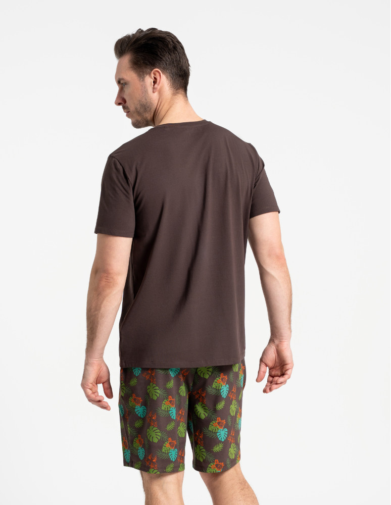 Piżamy z krótkim rękawem - Piżama męska z nadrukiem i szortami w tropikalny wzór BRĄZOWY  - produkt moraj.pl 5