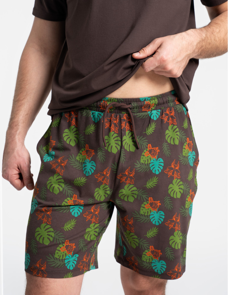 Piżamy z krótkim rękawem - Piżama męska z nadrukiem i szortami w tropikalny wzór BRĄZOWY  - produkt moraj.pl 3