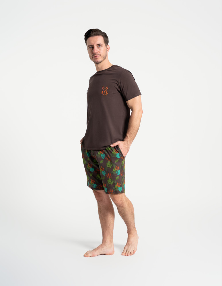 Piżamy z krótkim rękawem - Piżama męska z nadrukiem i szortami w tropikalny wzór BRĄZOWY  - produkt moraj.pl 6