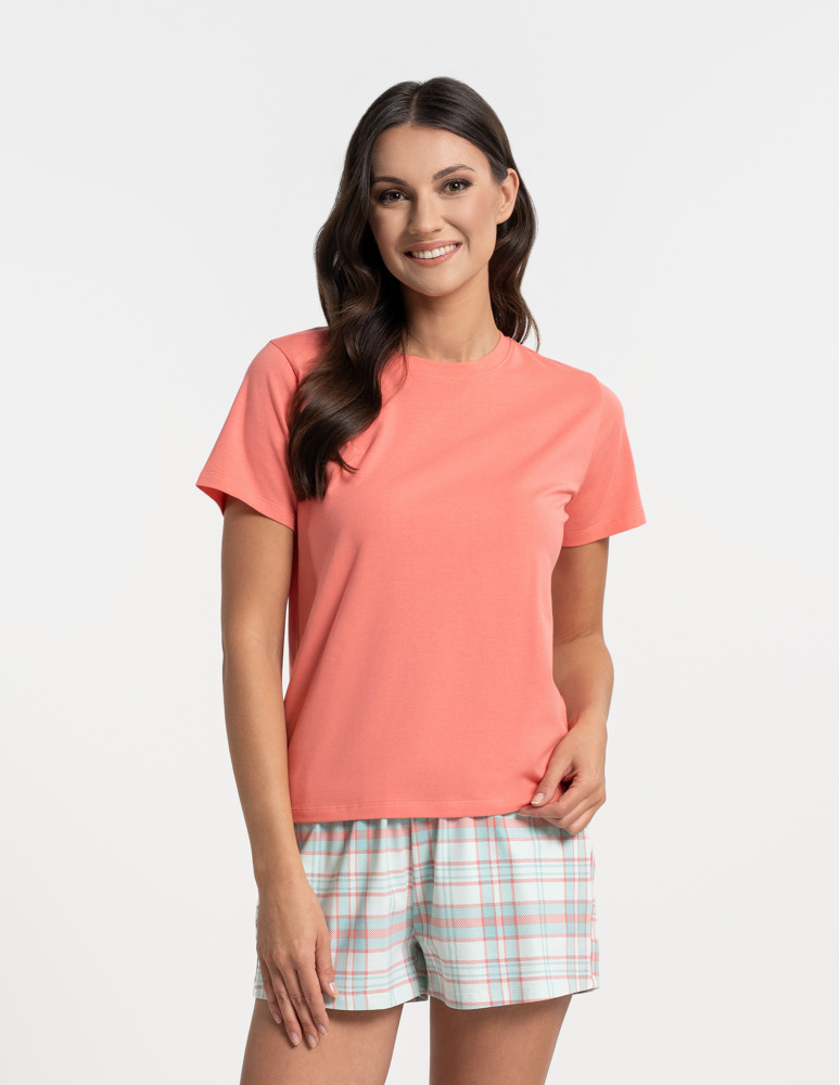 Piżamy z krótkim rękawem - Piżama damska z krótkim rękawem i spodenkami w kratkę RÓŻOWY - produkt moraj.pl 1