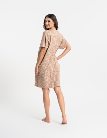 Koszule nocne z krótkim rękawem - Koszula nocna damska z motywem roślinnym i krótkim rękawem BEŻOWY - produkt 3