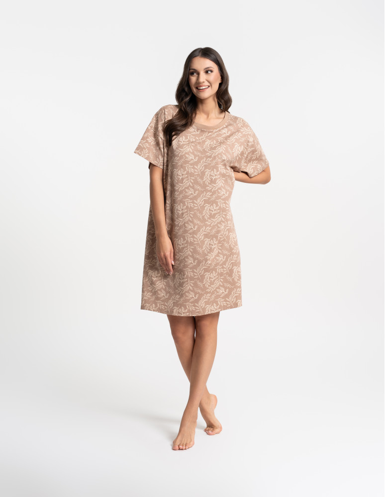 Koszule nocne z krótkim rękawem - Koszula nocna damska z motywem roślinnym i krótkim rękawem BEŻOWY  - produkt moraj.pl 5