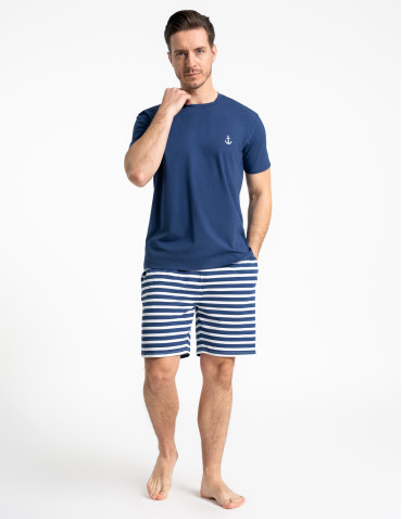 Piżamy z krótkim rękawem - Piżama męska bawełniana w stylu marynarskim NIEBIESKI - produkt 6
