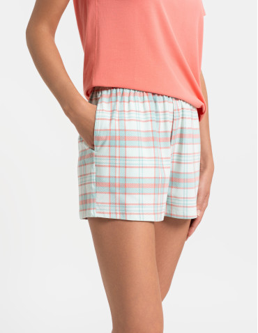 Piżamy z krótkim rękawem - Piżama damska z krótkim rękawem i spodenkami w kratkę RÓŻOWY - produkt 6