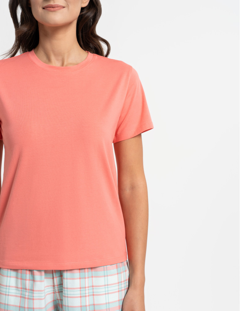 Piżamy z krótkim rękawem - Piżama damska z krótkim rękawem i spodenkami w kratkę RÓŻOWY  - produkt moraj.pl 3