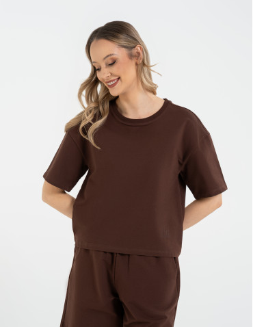 T-shirt damski o luźnym kroju z napisami - BRĄZOWY