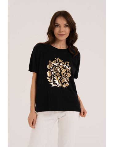 Bluzki z krótkim rękawem - Bluzka damska z krótkim rękawem z eleganckim printem CZARNY - produkt 1