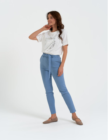 Spodnie materiałowe - Spodnie damskie dopasowane z podwyższoną talią i wiązaniem NIEBIESKI - produkt 5