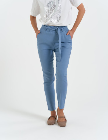 Spodnie materiałowe - Spodnie damskie dopasowane z podwyższoną talią i wiązaniem NIEBIESKI - produkt 6