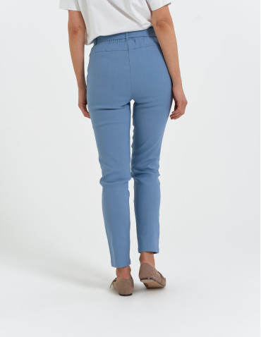 Spodnie materiałowe - Spodnie damskie dopasowane z podwyższoną talią i wiązaniem NIEBIESKI - produkt 3