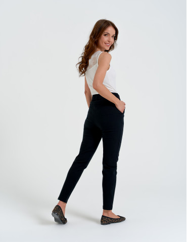 Spodnie materiałowe - Spodnie damskie dopasowane z podwyższoną talią i wiązaniem CZARNY - produkt 7