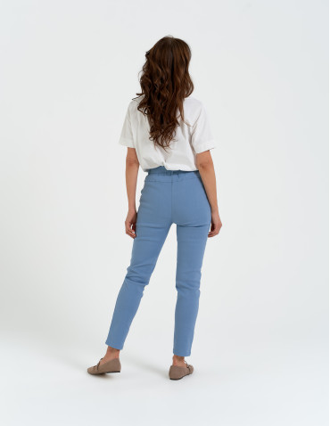 Spodnie materiałowe - Spodnie damskie dopasowane z podwyższoną talią i wiązaniem NIEBIESKI - produkt 7