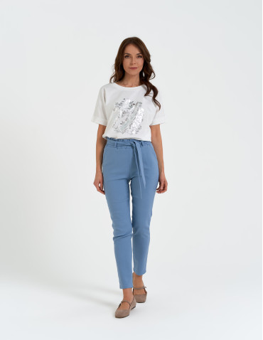 Spodnie materiałowe - Spodnie damskie dopasowane z podwyższoną talią i wiązaniem NIEBIESKI - produkt 1