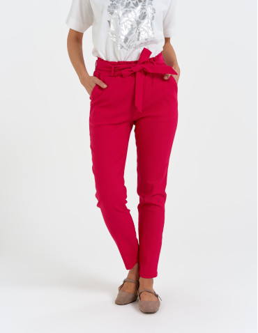 Spodnie materiałowe - Spodnie damskie dopasowane z podwyższoną talią i wiązaniem RÓŻOWY - produkt 6
