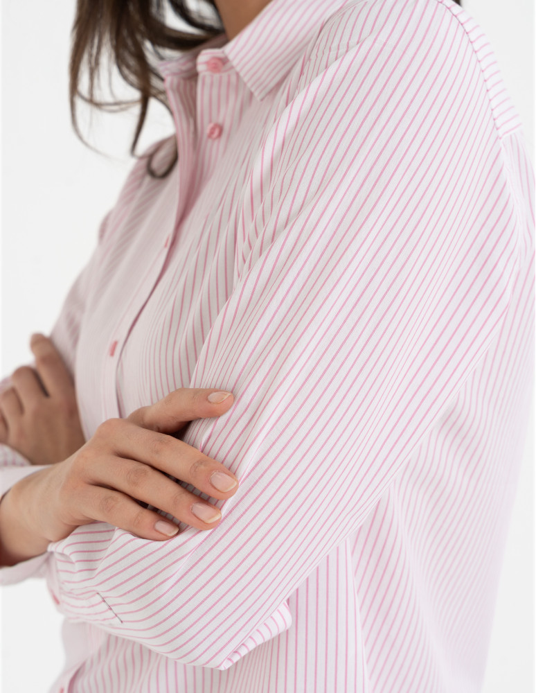 Koszule - Klasyczna koszula damska bawełniana w paski RÓŻOWY  - produkt moraj.pl 9