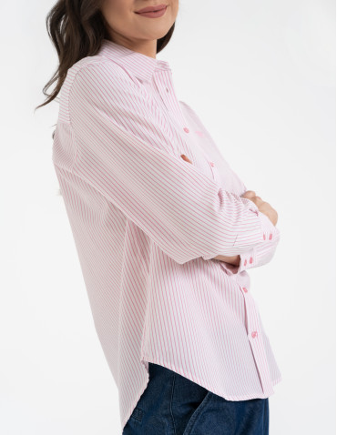 Koszule - Klasyczna koszula damska bawełniana w paski RÓŻOWY - produkt 4