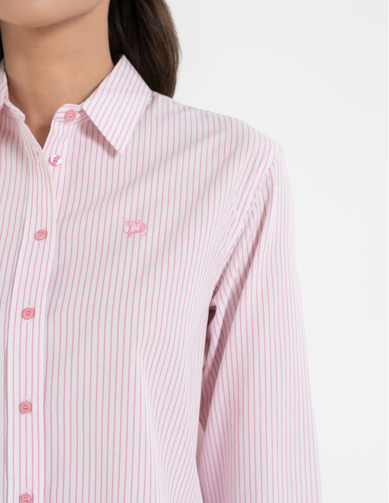 Koszule - Klasyczna koszula damska bawełniana w paski RÓŻOWY - produkt moraj.pl 1