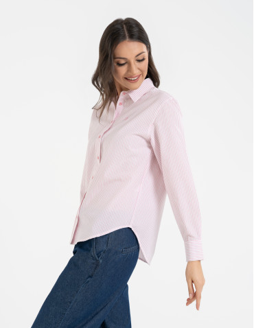Koszule - Klasyczna koszula damska bawełniana w paski RÓŻOWY - produkt 10