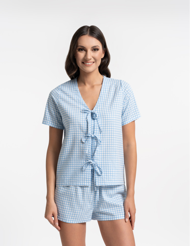 Piżamy z krótkim rękawem - Piżama damska w kratkę z wiązaniem NIEBIESKI - produkt moraj.pl 1