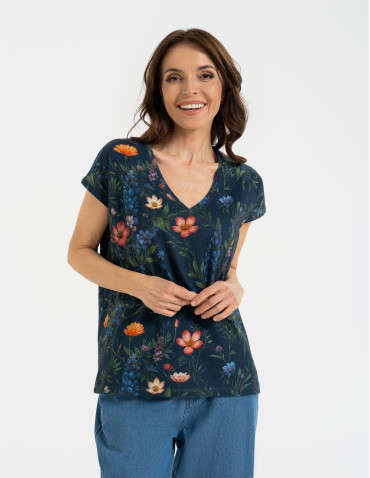 Bluzka damska z krótkim rękawem i roślinnym motywem - WZÓR 2