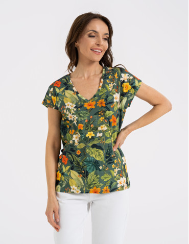 Bluzka damska z krótkim rękawem i roślinnym motywem - WZÓR 3