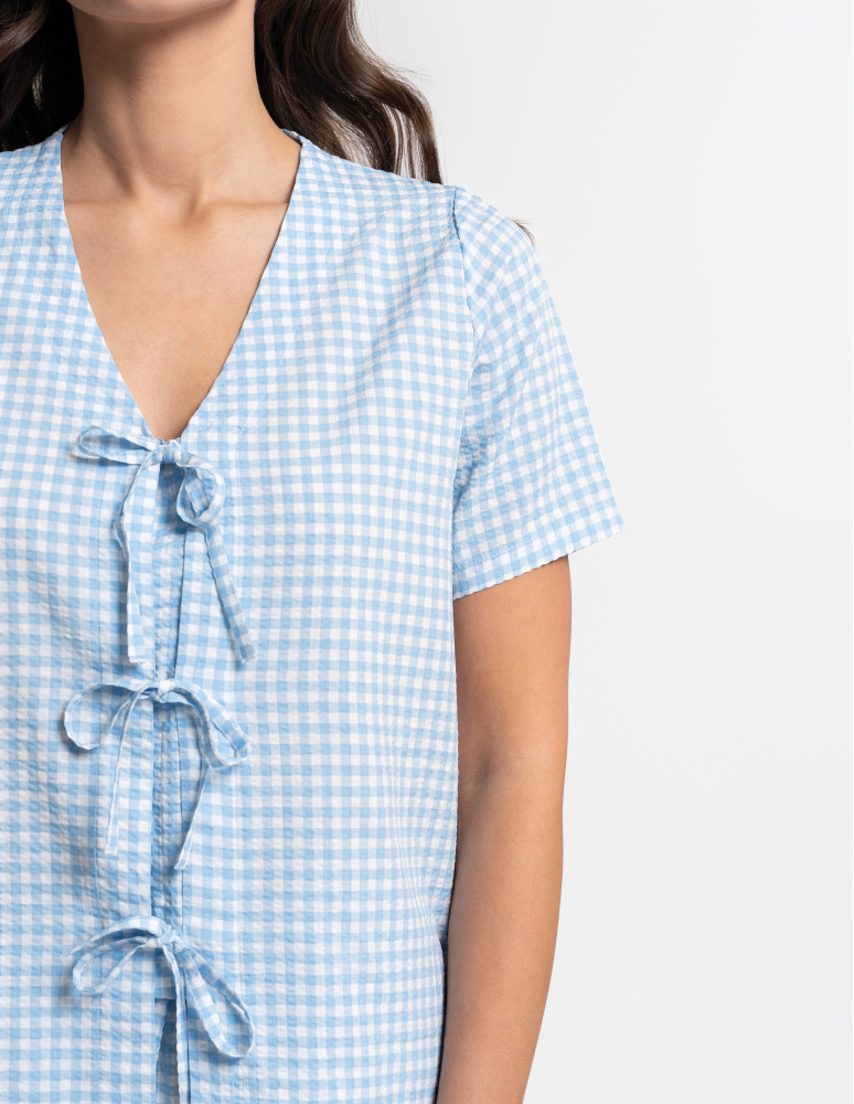 Piżamy z krótkim rękawem - Piżama damska w kratkę z wiązaniem NIEBIESKI - produkt moraj.pl 4