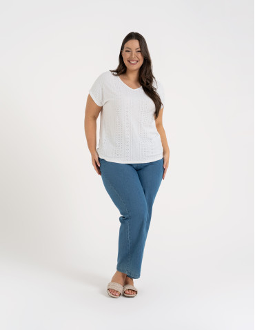 Bluzki z krótkim rękawem - Bluzka damska ażurowa z ozdobnym wycięciem na plecach BIAŁY - produkt 3