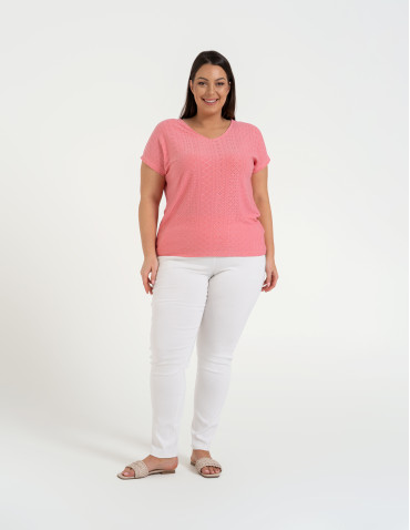 Bluzki z krótkim rękawem - Bluzka damska ażurowa z ozdobnym wycięciem na plecach RÓŻOWY - produkt 9