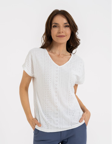 Bluzka damska ażurowa z ozdobnym wycięciem na plecach - BIAŁY