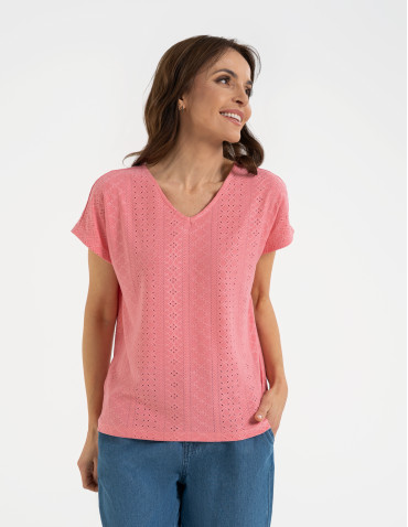 Bluzki z krótkim rękawem - Bluzka damska ażurowa z ozdobnym wycięciem na plecach RÓŻOWY - produkt 1