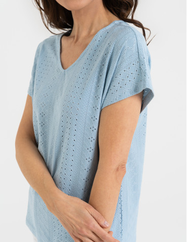 Bluzki z krótkim rękawem - Bluzka damska ażurowa z ozdobnym wycięciem na plecach NIEBIESKI - produkt 3