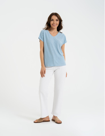 Bluzki z krótkim rękawem - Bluzka damska ażurowa z ozdobnym wycięciem na plecach NIEBIESKI - produkt 7