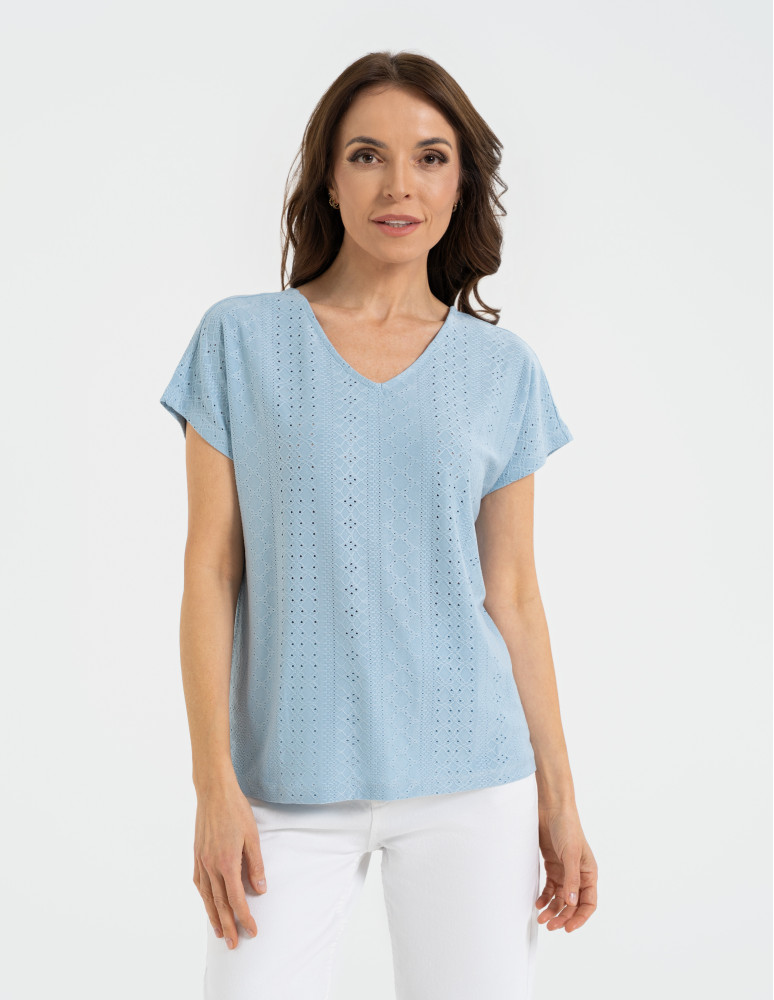 Bluzki z krótkim rękawem - Bluzka damska ażurowa z ozdobnym wycięciem na plecach NIEBIESKI - produkt moraj.pl 1