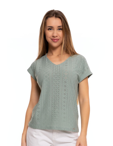 Bluzki z krótkim rękawem - Bluzka damska ażurowa z ozdobnym wycięciem na plecach ZIELONY - produkt 1