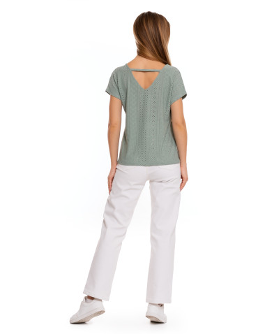 Bluzki z krótkim rękawem - Bluzka damska ażurowa z ozdobnym wycięciem na plecach ZIELONY - produkt 6